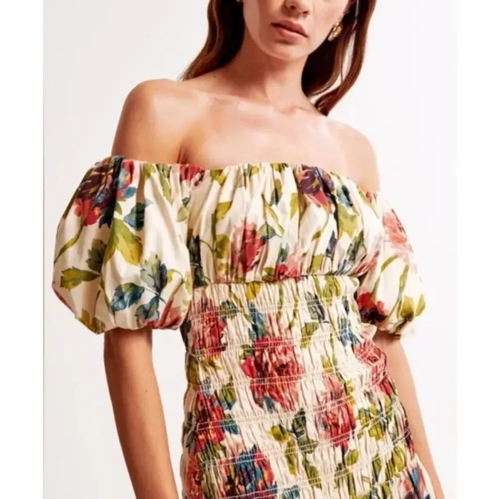 Abercrombie & Fitch Smocked Drop-Waist Puff Sleeve Floral Maxi Dress Size MP